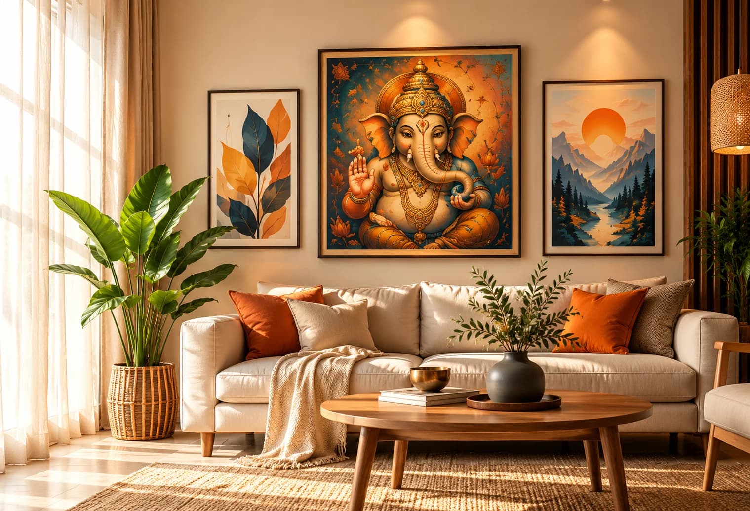 Living room with framed Ganesha, leaf and mountain wall art