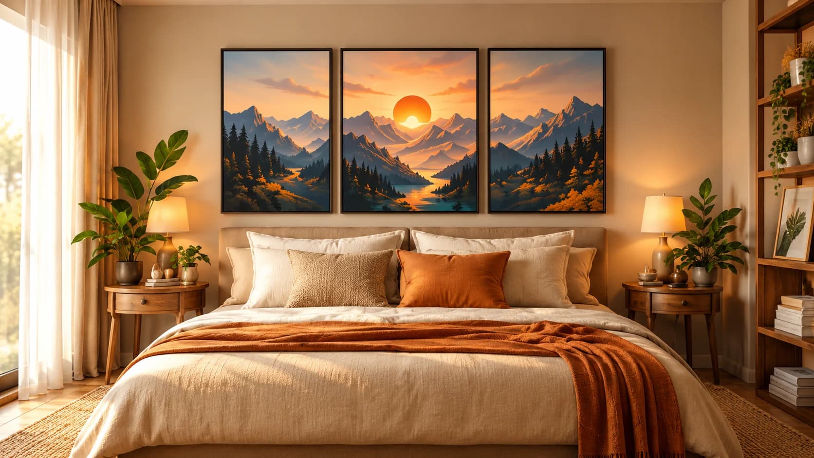 Bedroom with a three-panel mountain sunset artwork
