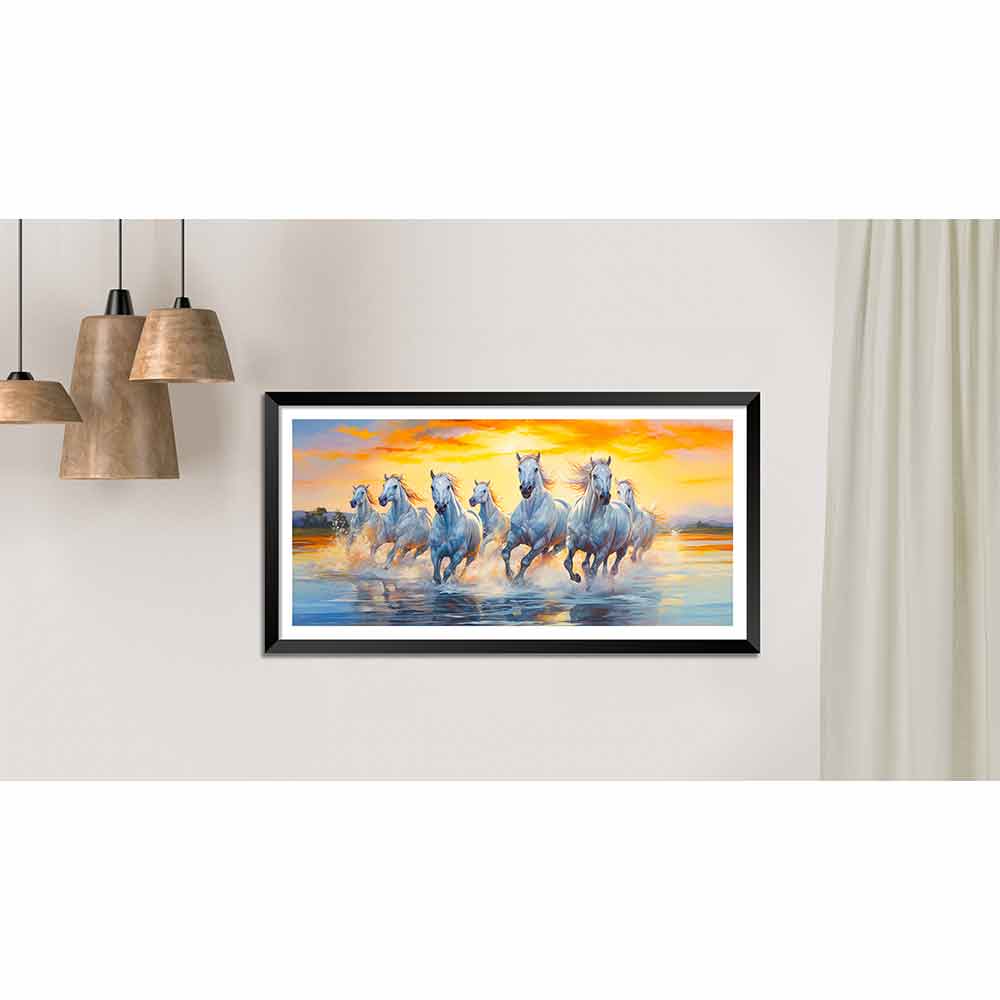 7 running horses on sunrise photo frame